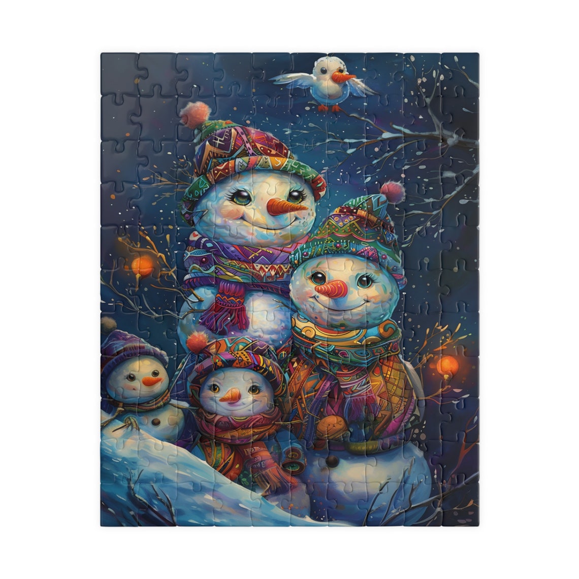 Four Colorful Snowman Kids in Patterned Hats Under Starry Night Poster - Image 5