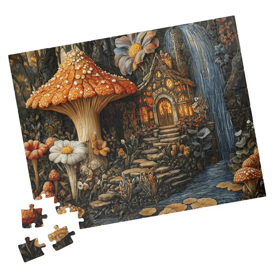 Enchanted Mushroom Cottage By A Waterfall In A Fairy Garden Poster