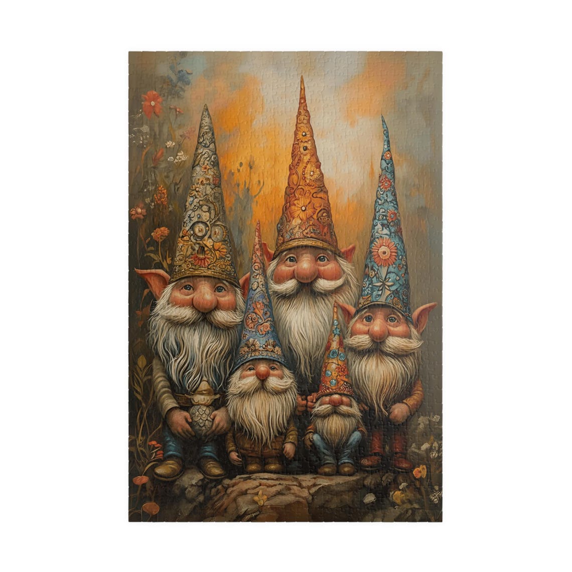 Five Happy Gnomes Colorful Floral Hats Warm Sunset Meadow Poster - Image 3
