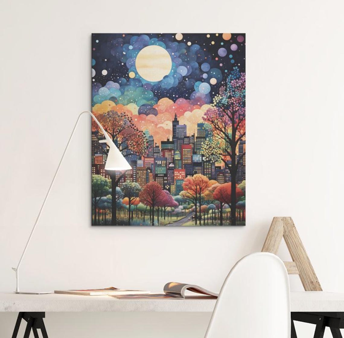 New York Night Skyline with Moon over Colorful Autumn Trees Poster