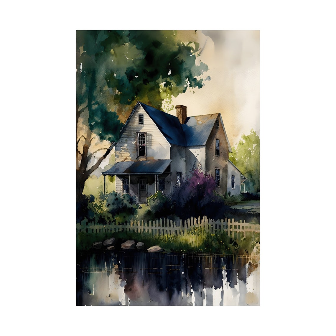 Watercolor Farmhouse Beside a Peaceful Reflecting Pond Poster - Image 2