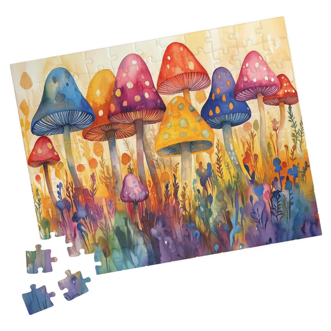 Rainbow Row Of Colorful Watercolor Mushrooms In A Bright Meadow Poster