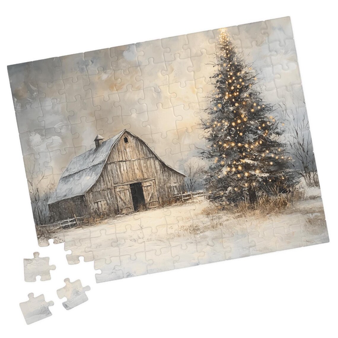 Rustic Country Barn With Christmas Tree, Holiday Puzzle