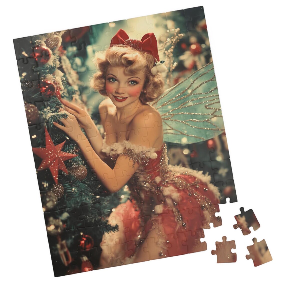 Pretty 1950s Style Christmas Fairy Decorating Tree Retro Art Poster