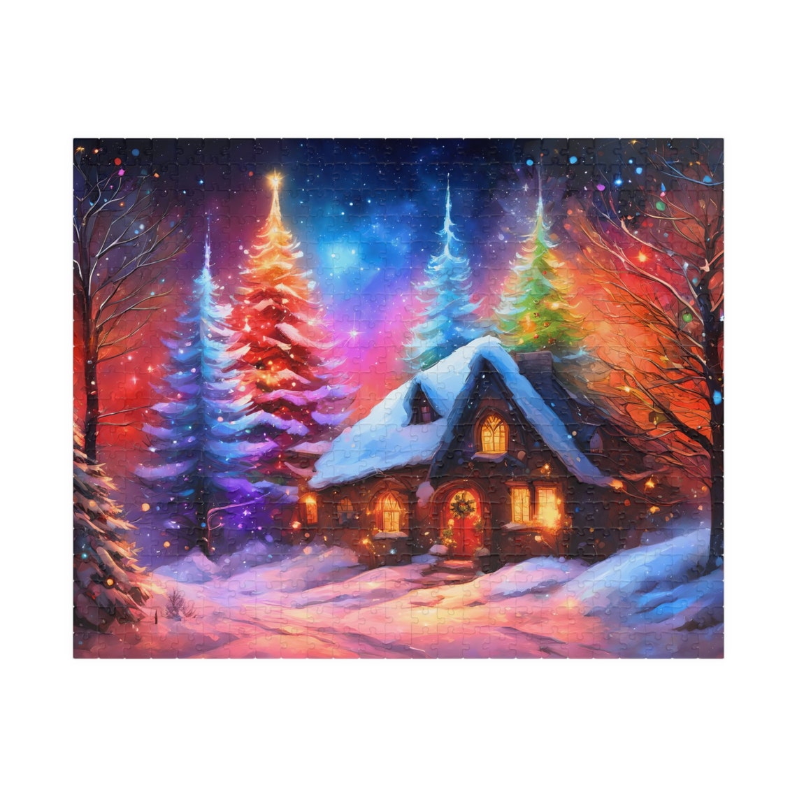 Holiday Magic Cabin Snowy Night Glowing Christmas Trees Poster - Image 3