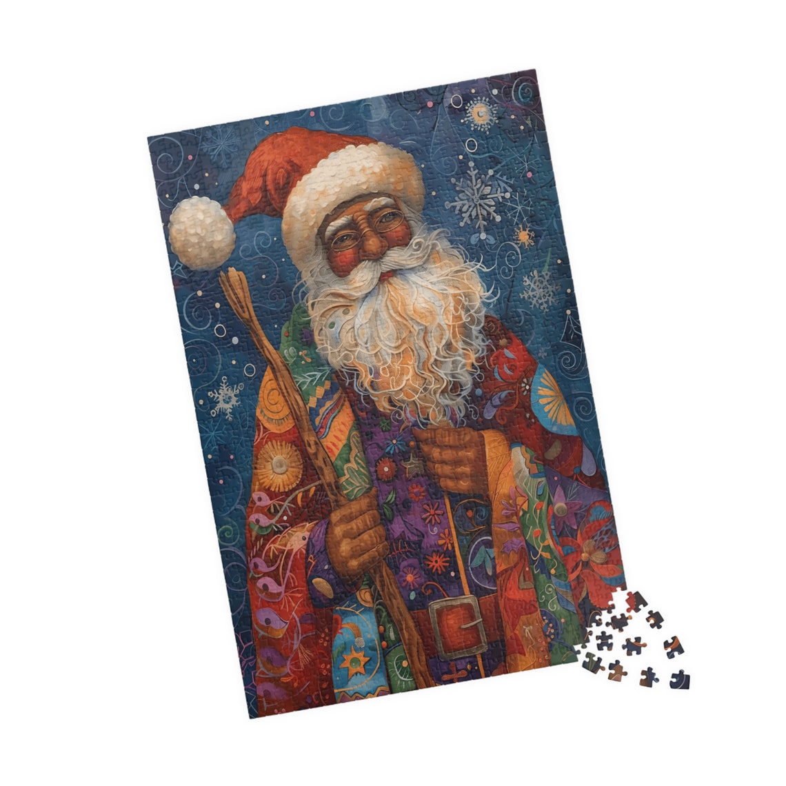 Kwanzaa Santa in a Colorful Patchwork Coat with Wooden Staff Poster - Image 4