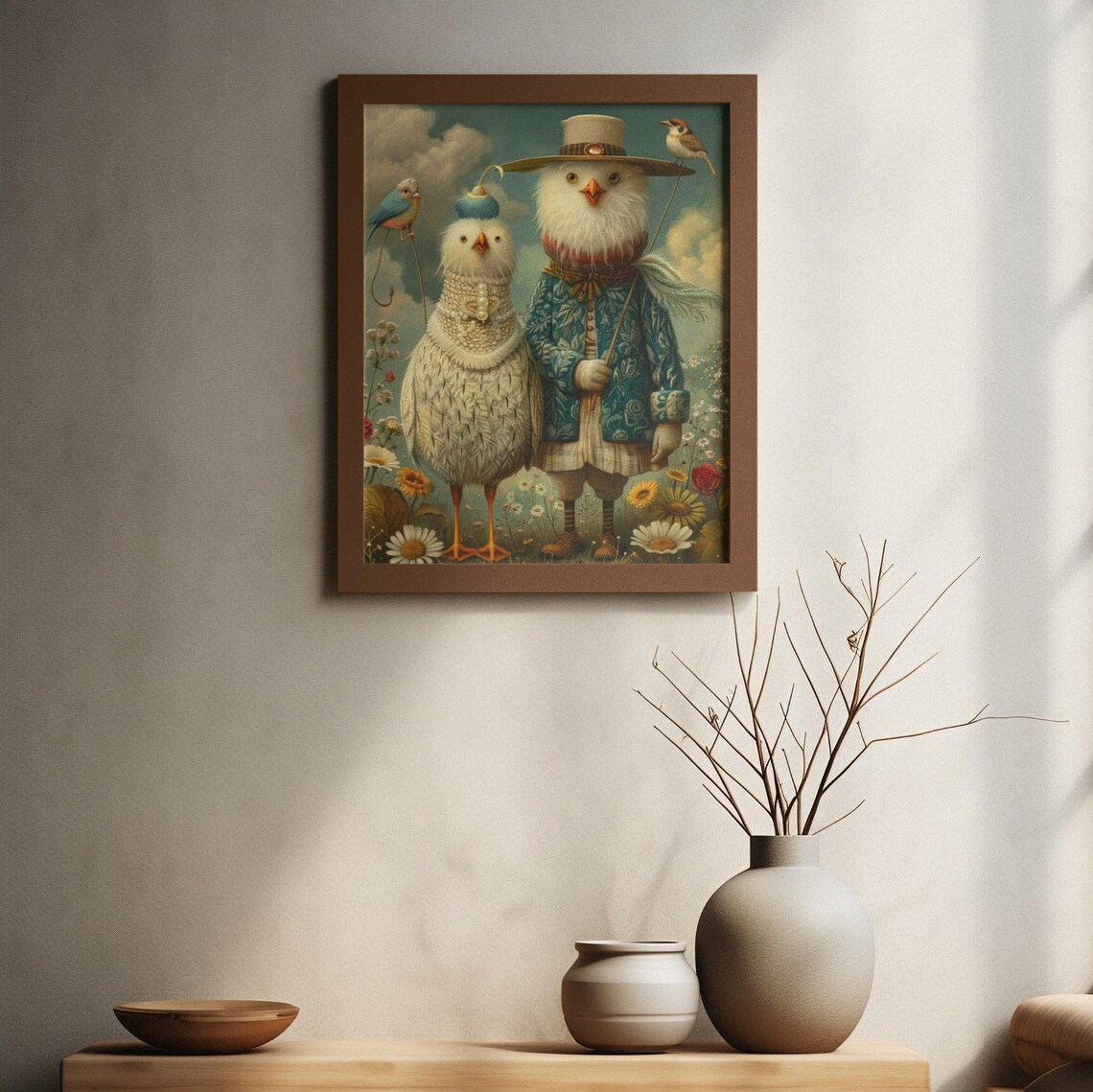Two Dressed Birds In Fancy Hats Among Wildflowers Art Poster - Image 3