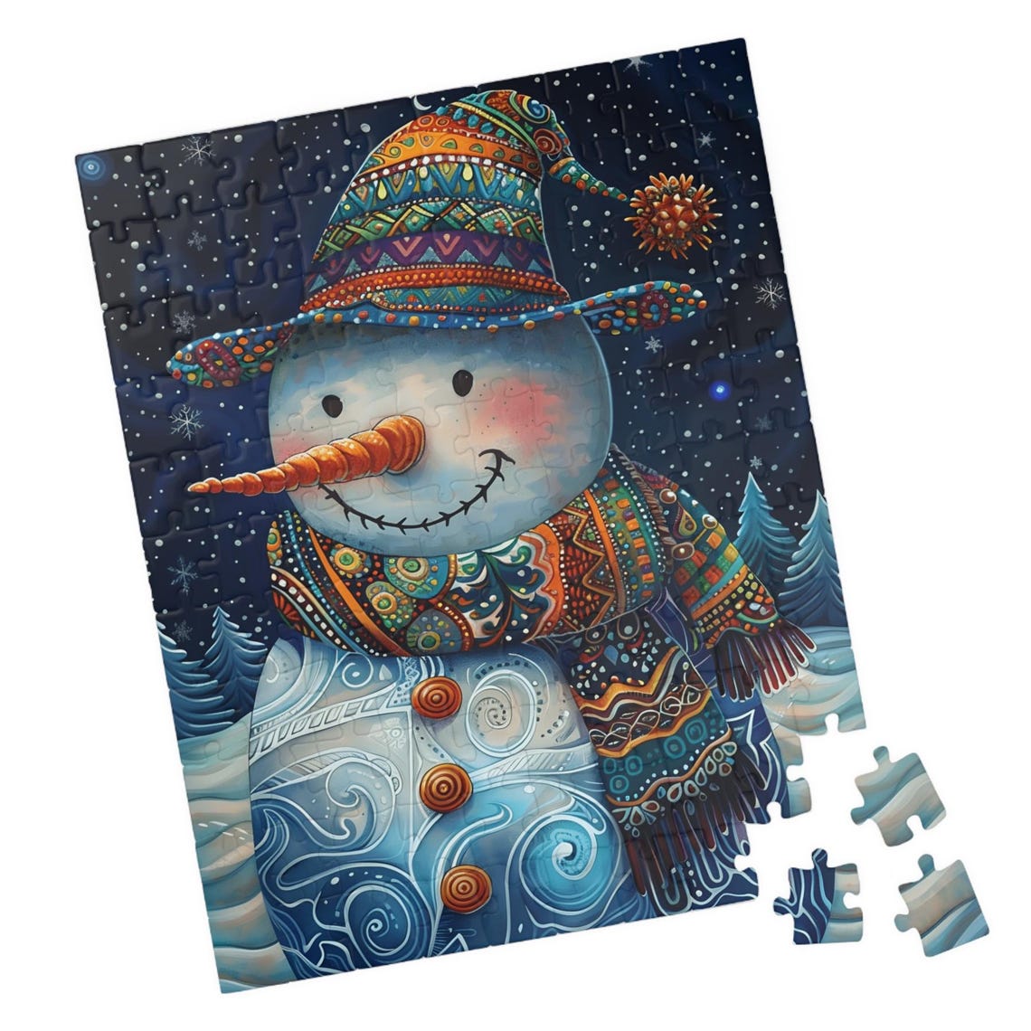 Whimsical Snowman Wearing a Patterned Starry Night Hat Poster