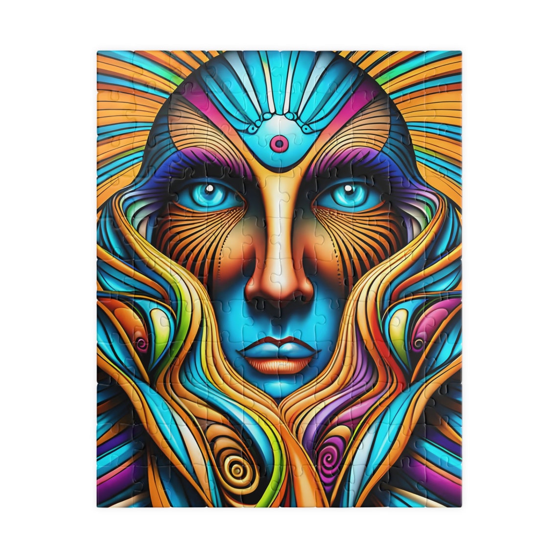 Psychedelic Sun Goddess Face in Vivid Orange and Turquoise Print - Image 4