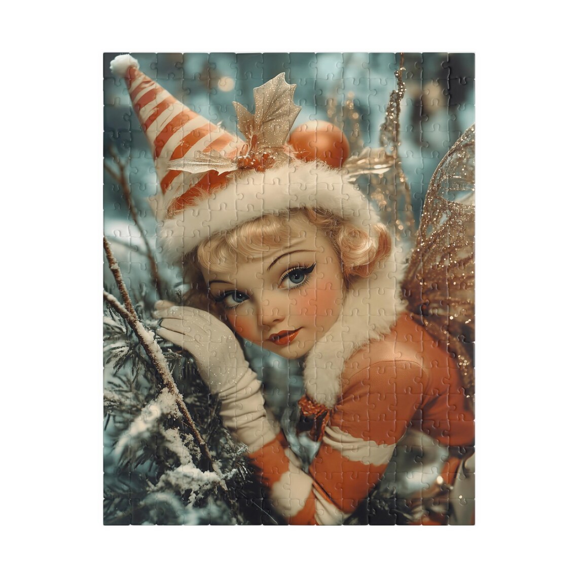 Vintage Christmas Fairy In Striped Hat Among Snowy Branches Poster - Image 5