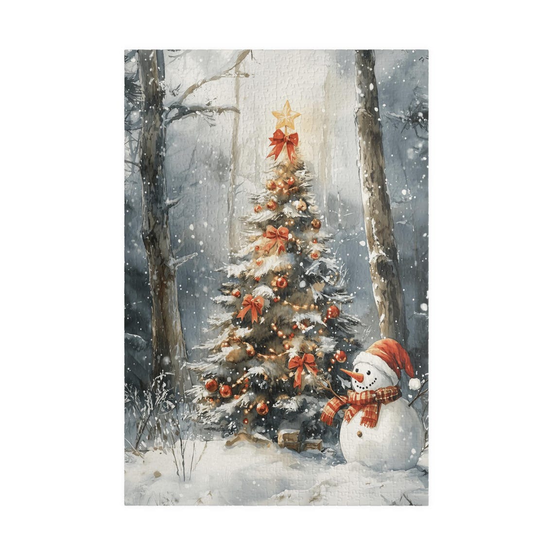 Snowman Peeking From Behind A Decorated Christmas Tree Winter Print - Image 3