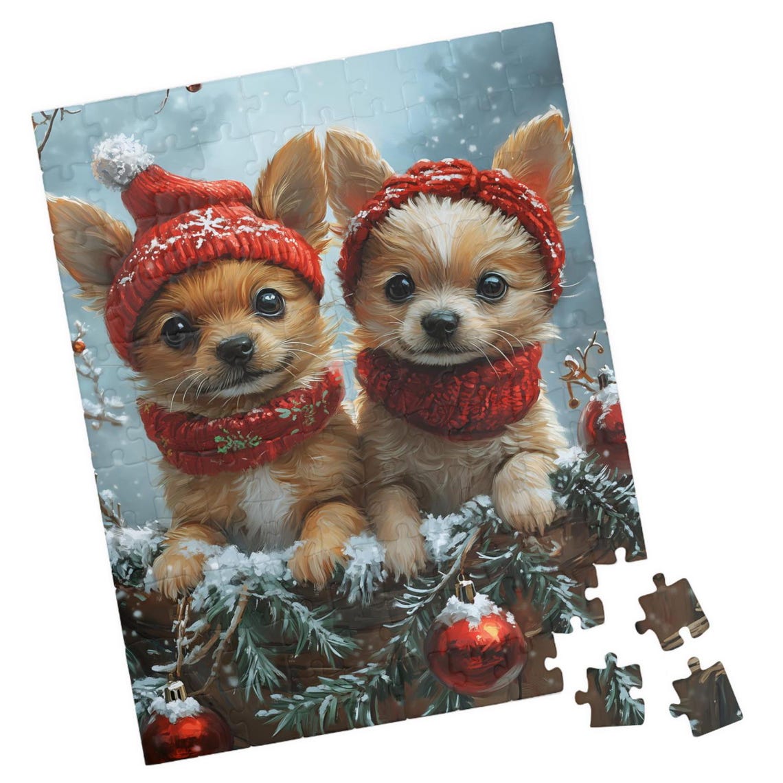 Two Chihuahua Puppies in Red Knit Hats and Scarves Christmas Poster