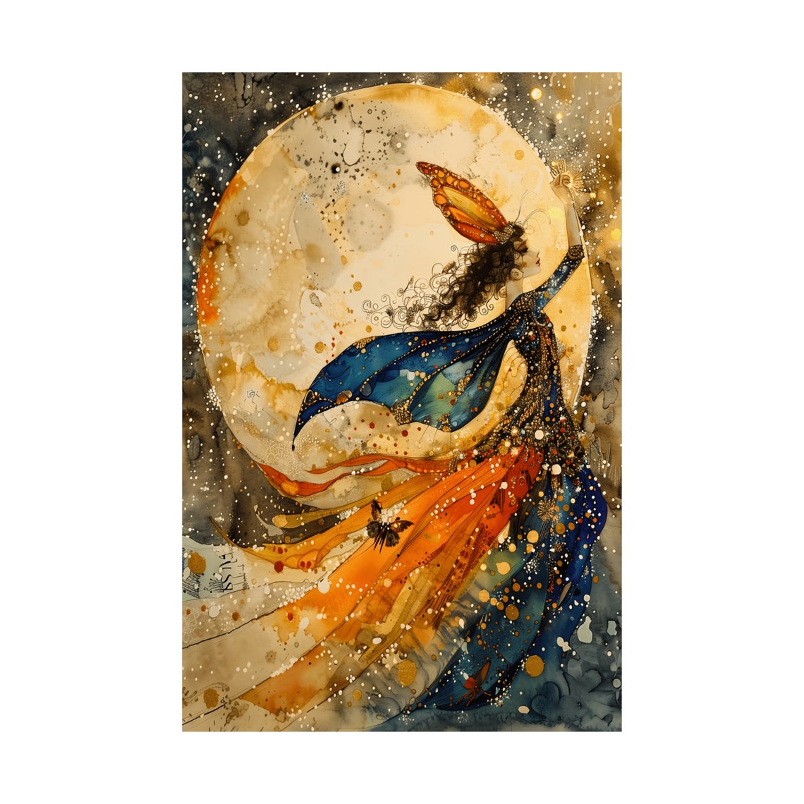 Fairy Reaching Toward the Full Moon in Starry Gown Watercolor Poster - Image 3