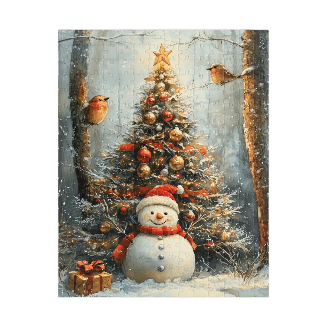 Smiling Snowman By A Decorated Christmas Tree In Forest Poster - Image 5
