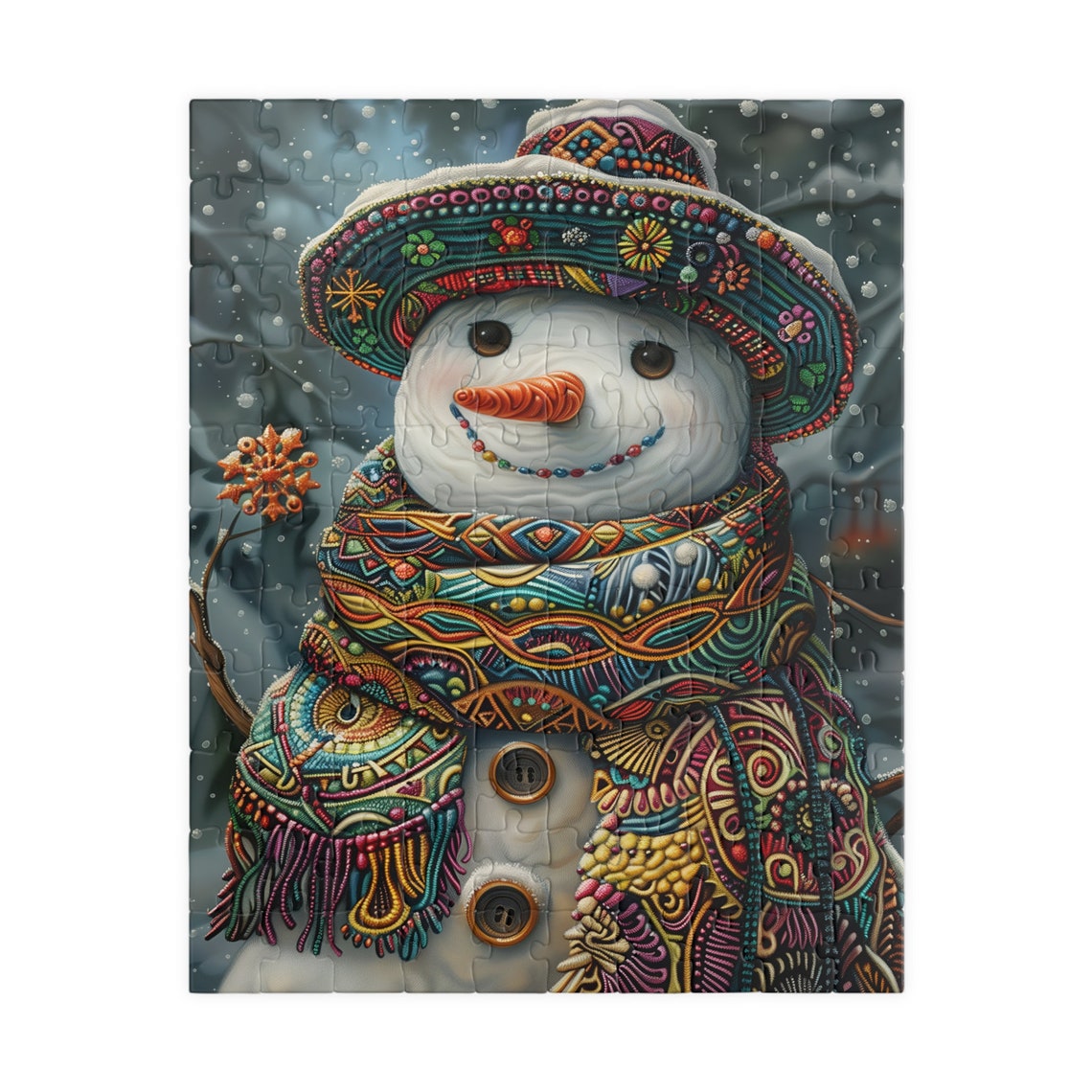 Jolly Snowman Wearing a Bright Colorful Fiesta Hat in Snow Poster