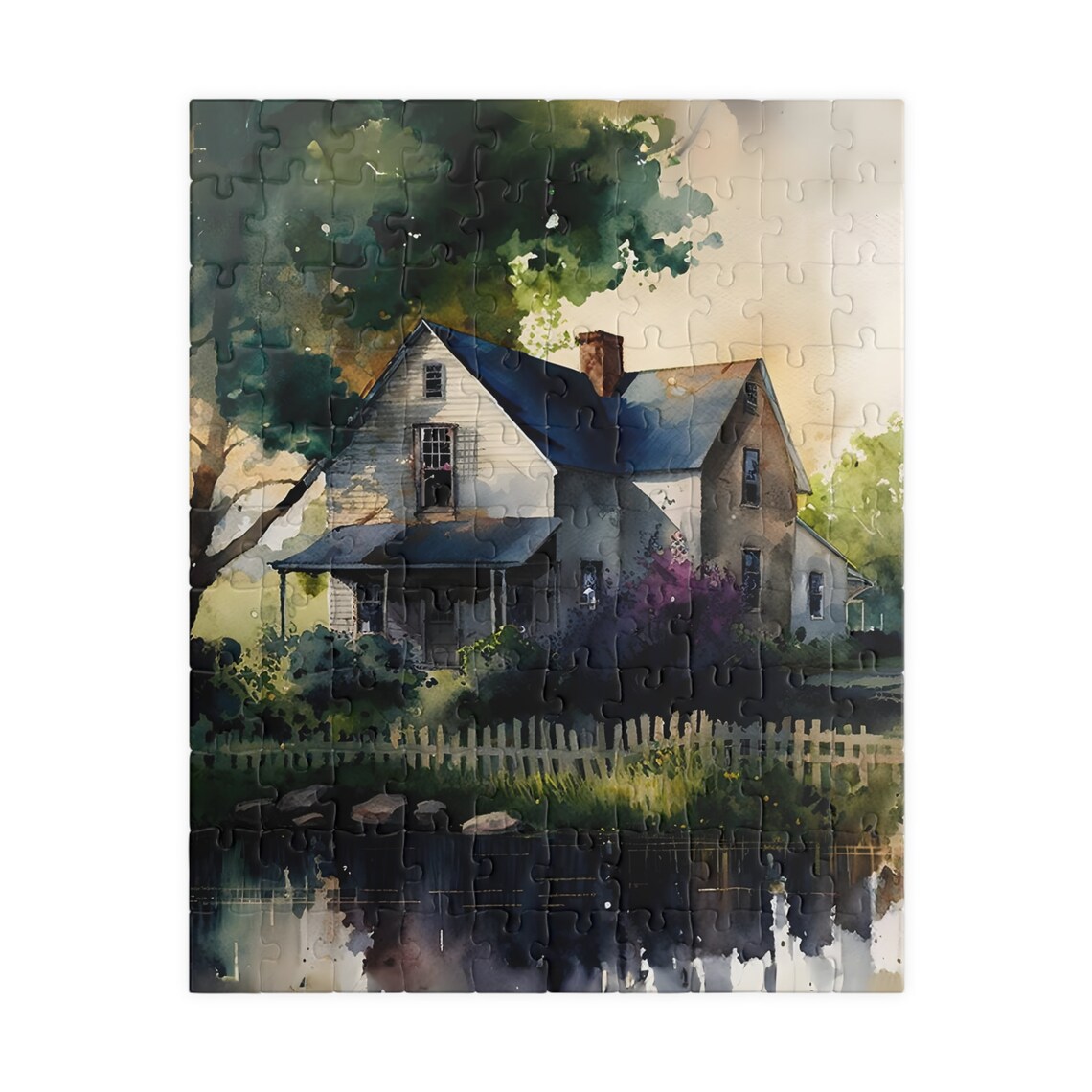 Watercolor Farmhouse Pond Picket Fence Country Home Art Poster - Image 2