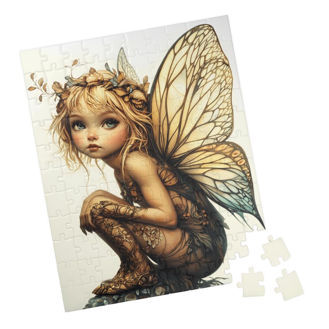 Skyla Golden Pixie Fairy Crouching With Leaf Crown And Big Wings Poster