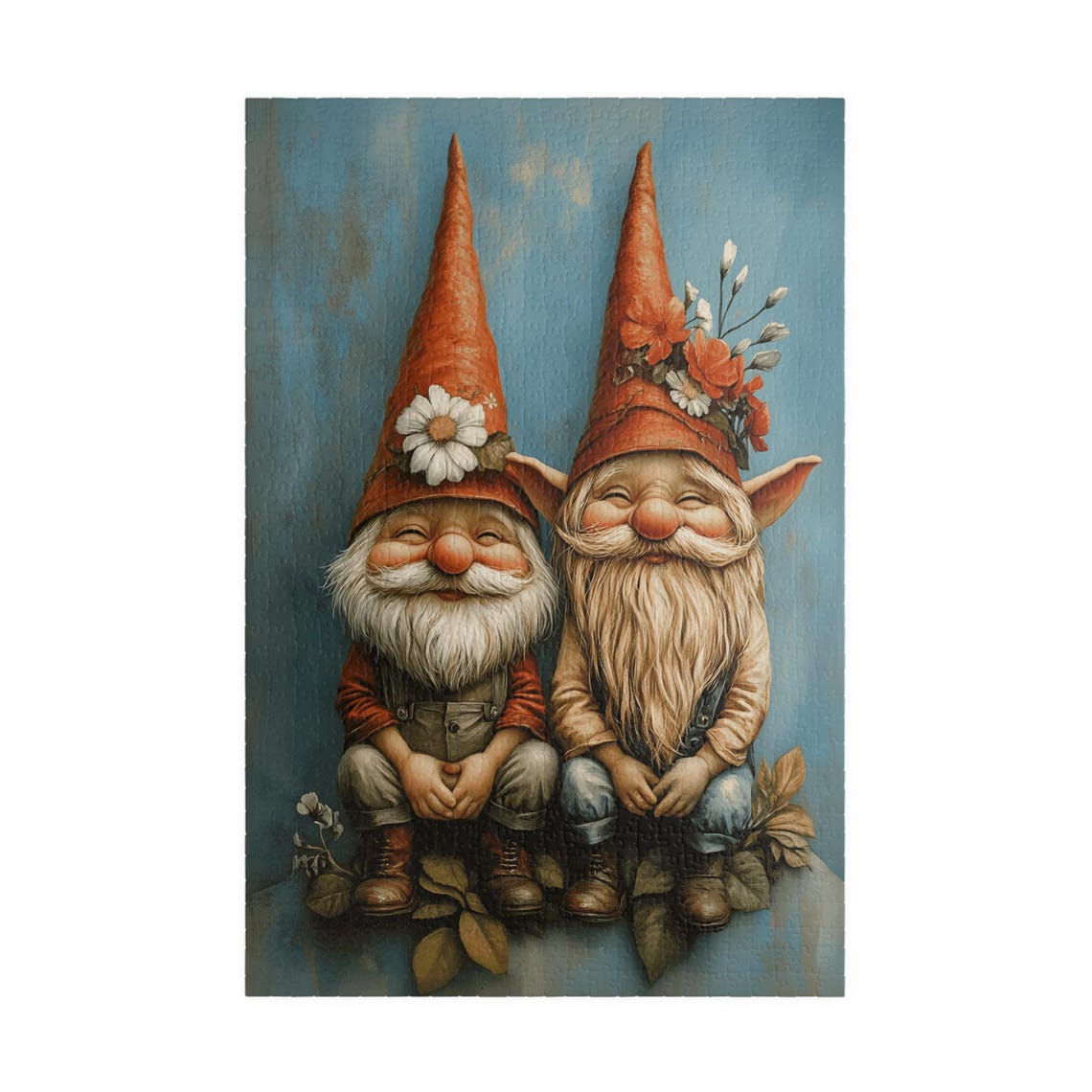 Two Happy Gnome Brothers Floral Hats Blue Background Cute Poster - Image 3