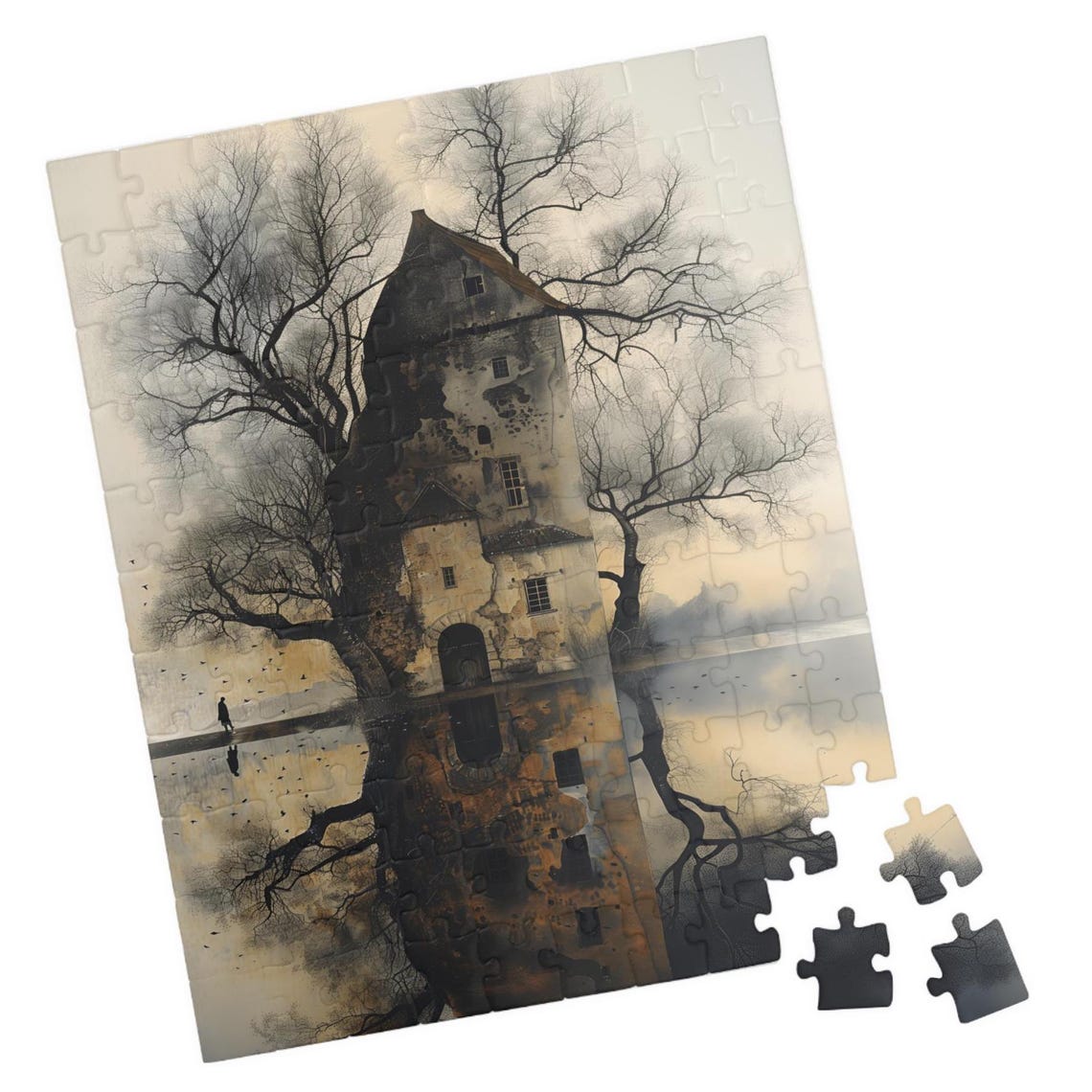 Moody Stone Lakeside House with Reflection in Misty Dawn Poster