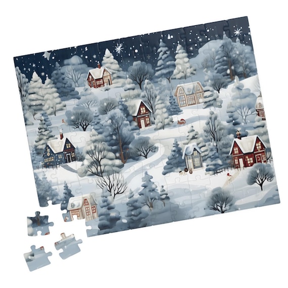 Snowy Winter Village Cabins Starry Night Pine Forest Art Poster