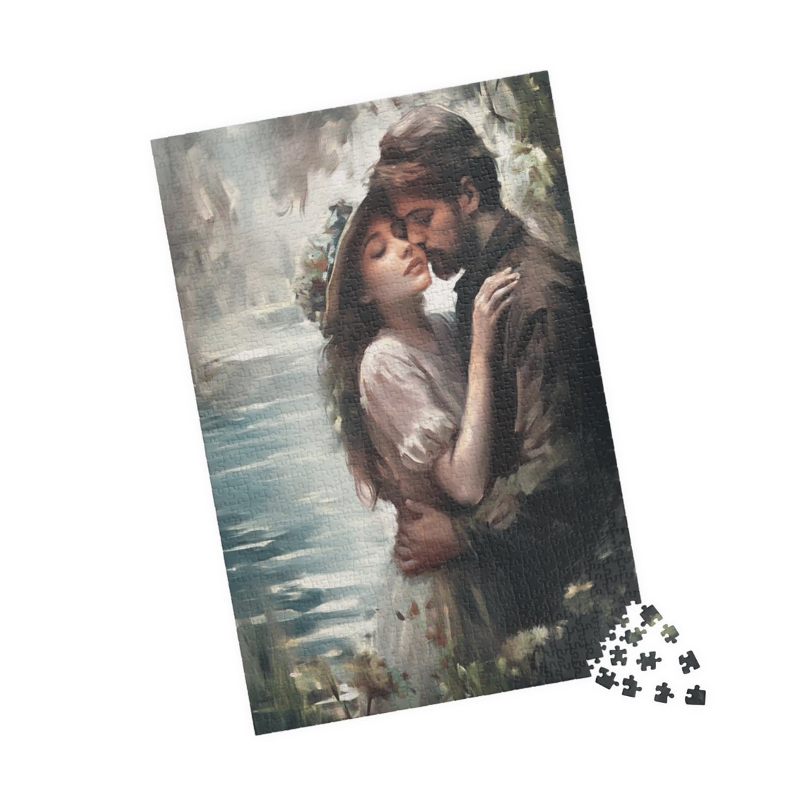 Tender Romantic Couple Sharing An Embrace By Water Art Poster - Image 4