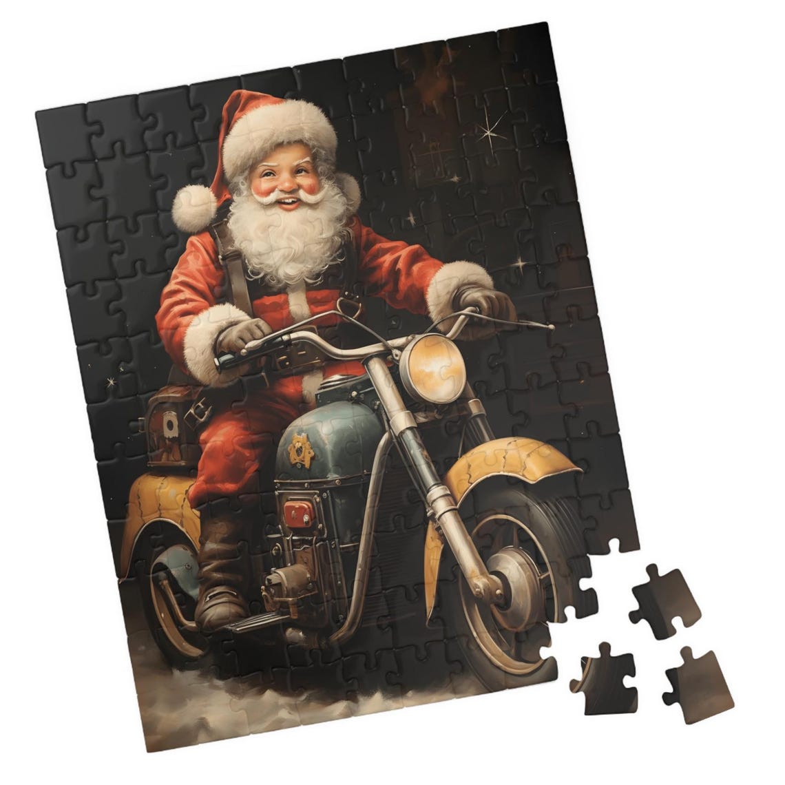 Cheerful Santa Claus Riding a Vintage Motorcycle at Night Art Print