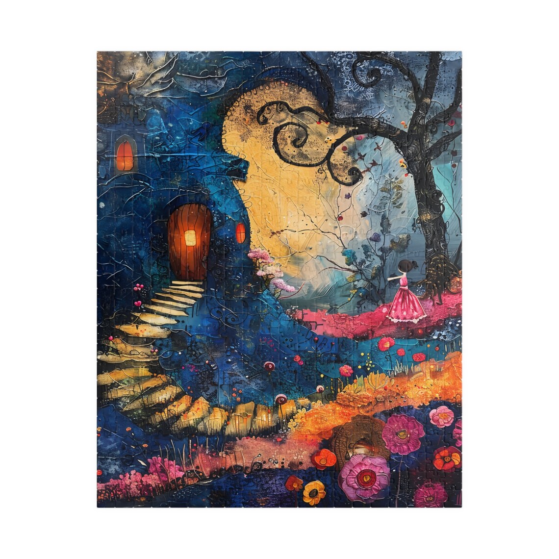 Moonlit Tree Cottage With Little Girl Pink Dress Night Fantasy Poster - Image 5