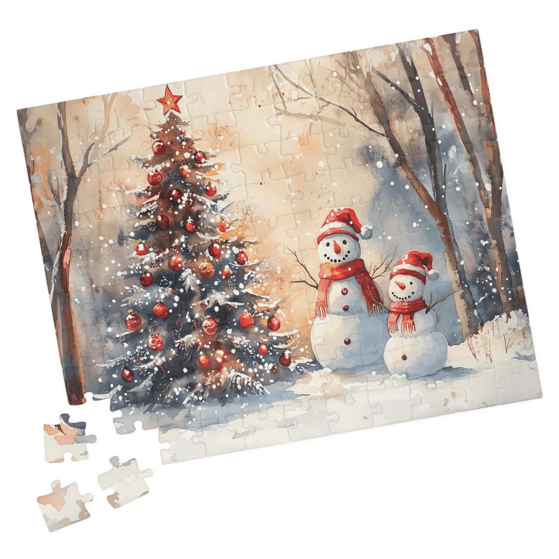 Two Smiling Snowmen In Santa Hats By A Christmas Tree Art Print