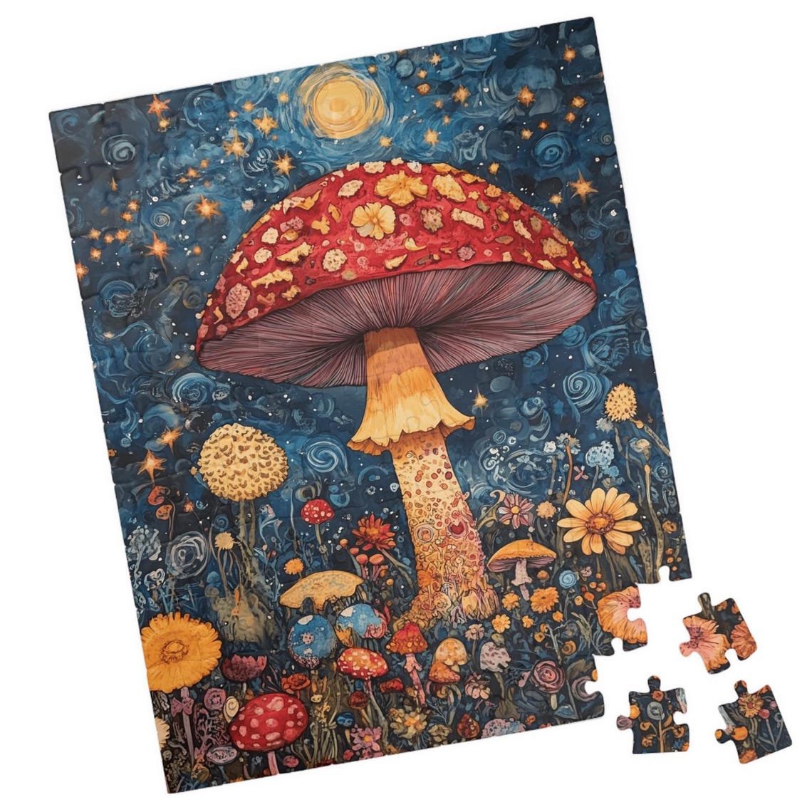 Mystical Moonlit Mushroom with Floral Cap Starry Night Art Poster