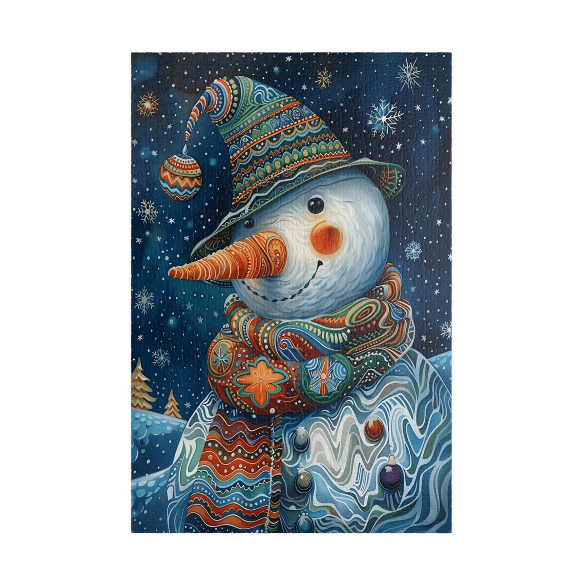 Snowman Under Starry Night Sky With Ornate Hat Winter Art Poster - Image 3