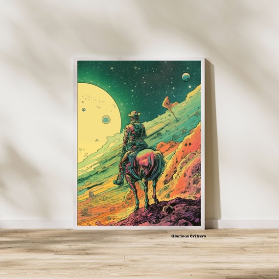 Southwestern Western Room Decor Retro Sci Fi Cowboys Wall Art Modern Eclectic Poster Boho Illustration Print 28283