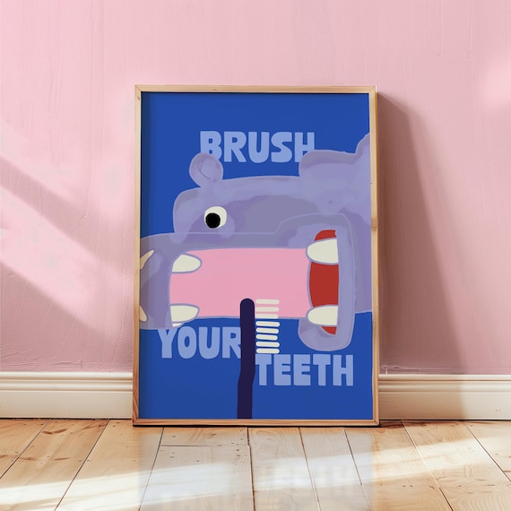 Hippo Bathroom Art Print, Retro Kids Dental Poster