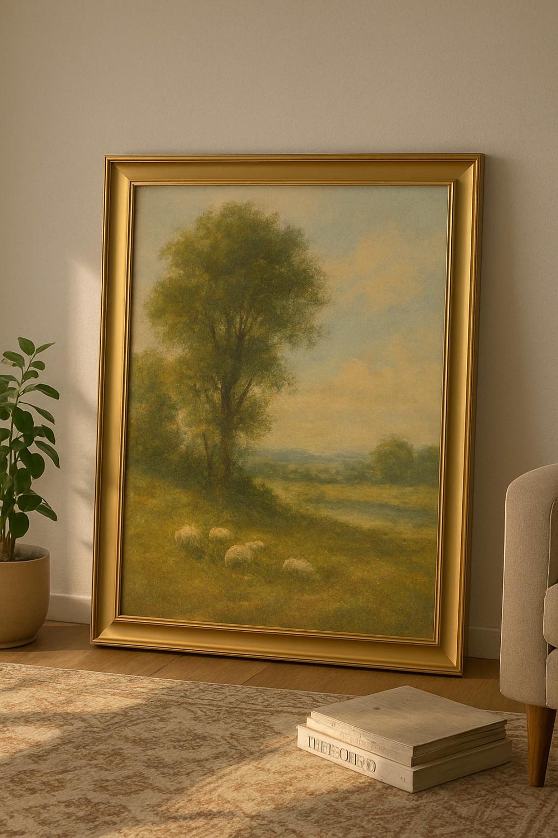 Sheep Meadow Impressionist Landscape Golden Pastoral Art Poster