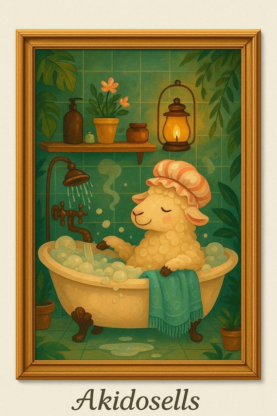Whimsical Sheep Bath Time Wall Art Cozy Animal Illustrationdigital Print Pdf