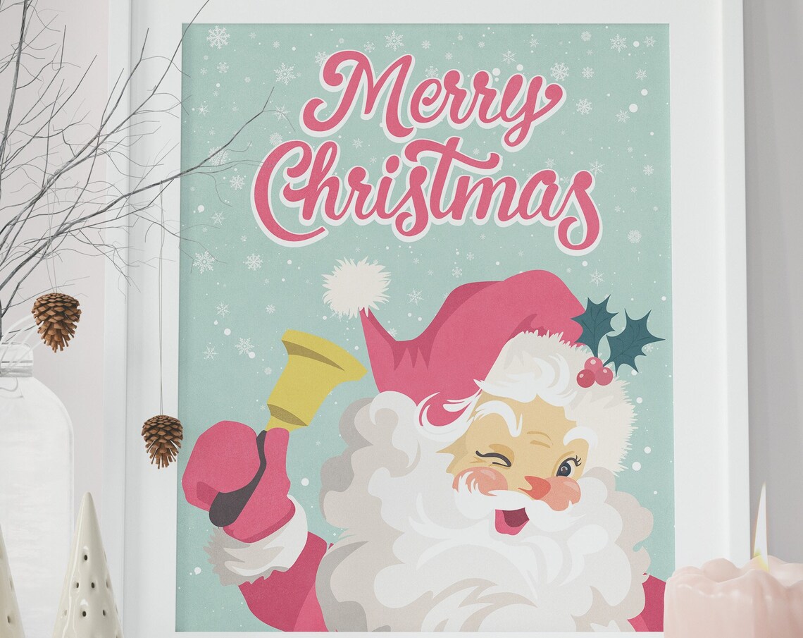 Pink Vintage Santa Claus Merry Christmas Cheerful Holiday Poster