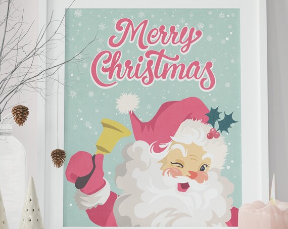 Pink Vintage Santa Claus Merry Christmas Cheerful Holiday Poster