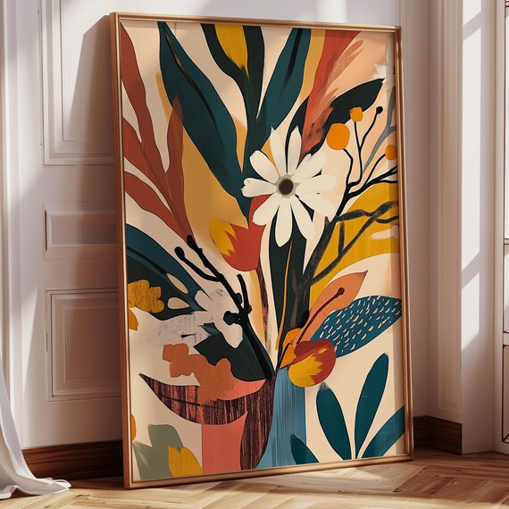 Abstract Floral Wall Art Print Vibrant Botanical Decor Midcentury Modern Inspired Flower Painting Eclectic Home Gallery