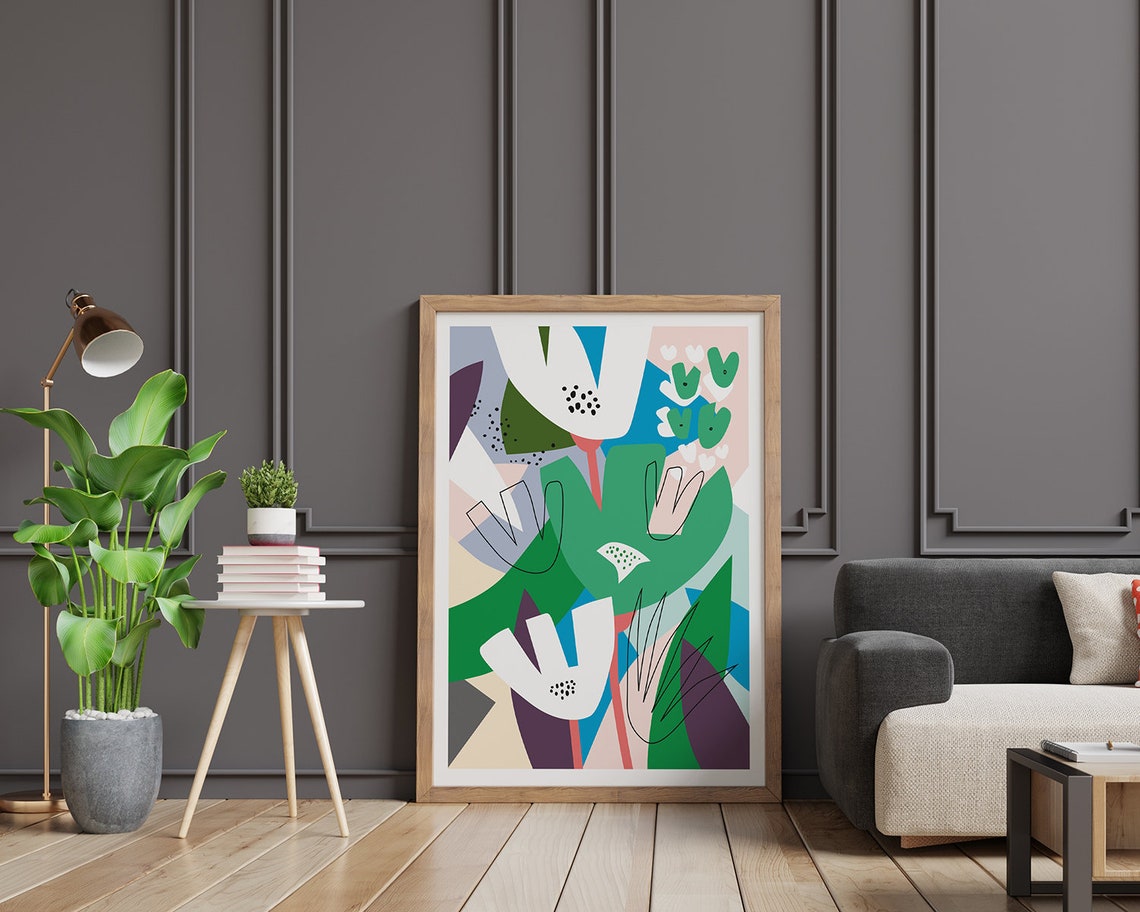 White and Pink Blossoms in Green Blue Abstract Garden Poster - Image 2