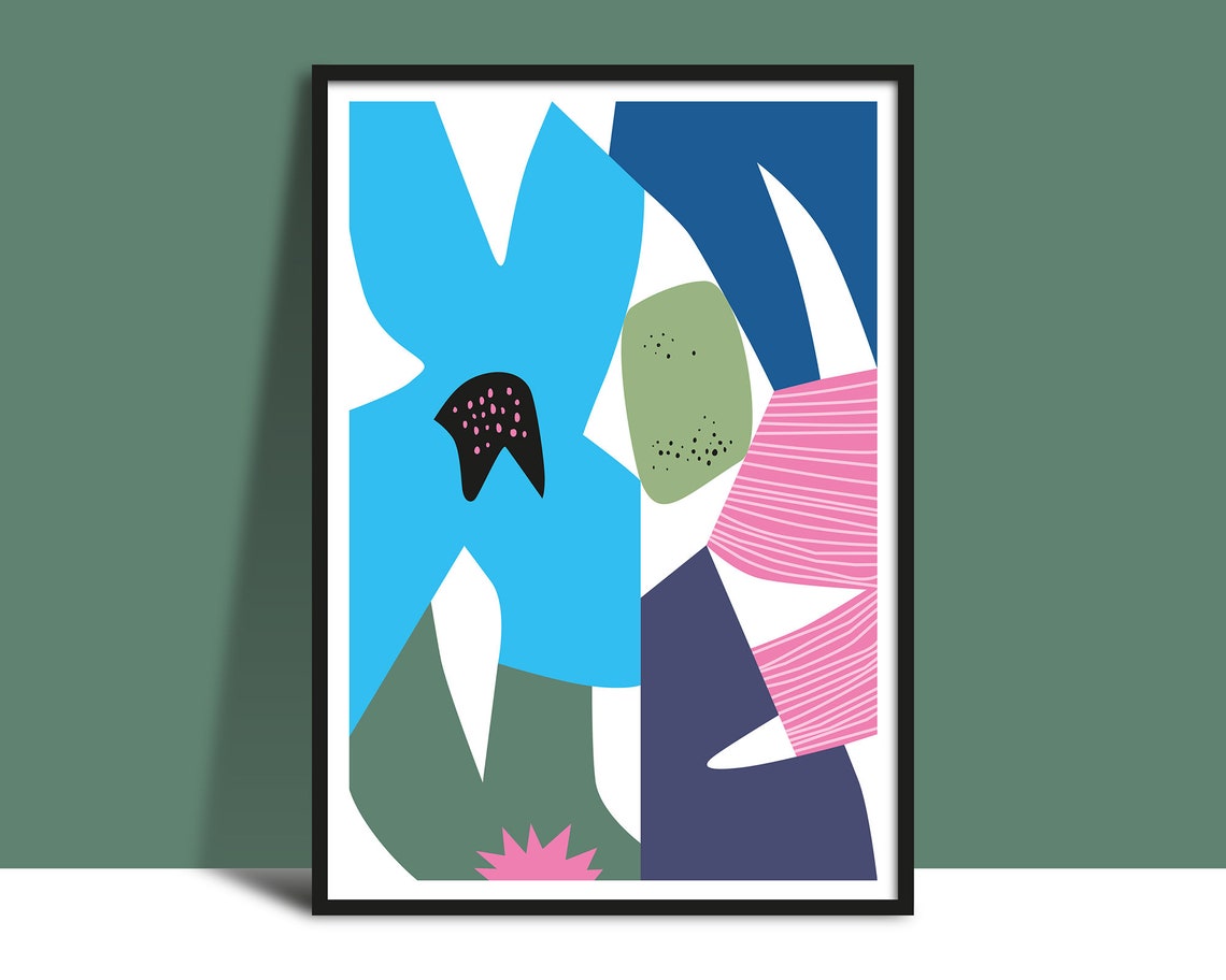 Bright Blue Abstract Flower Shape Pink Contemporary Art Poster