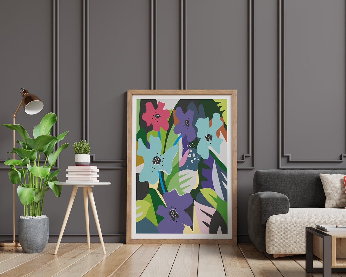 Blue Pink And Purple Abstract Flowers Dark Collage Art Poster - Image 2