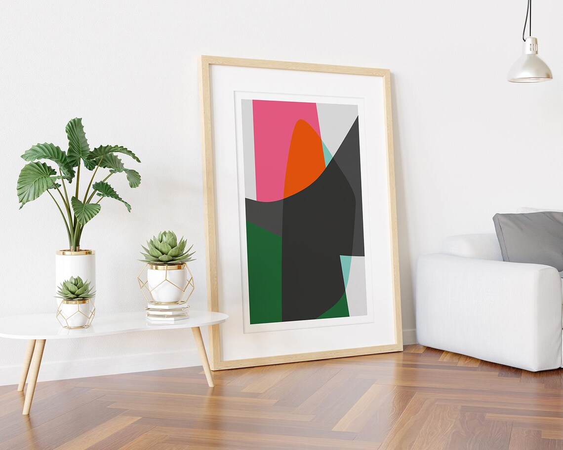 Pink Orange Green Charcoal Curved Geometric Shapes Abstract Print - Image 3