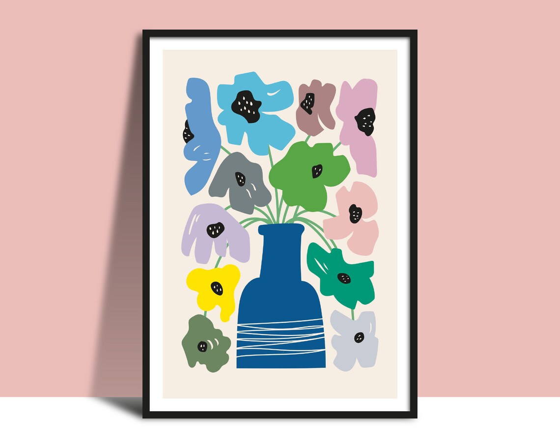 Blue Vase Colorful Hand Drawn Flowers Floral Collage Wall Art