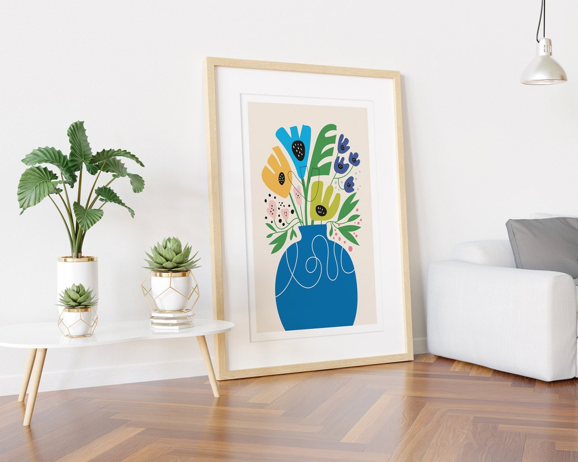 Colorful Stylized Flowers in Blue Vase Modern Botanical Poster - Image 3