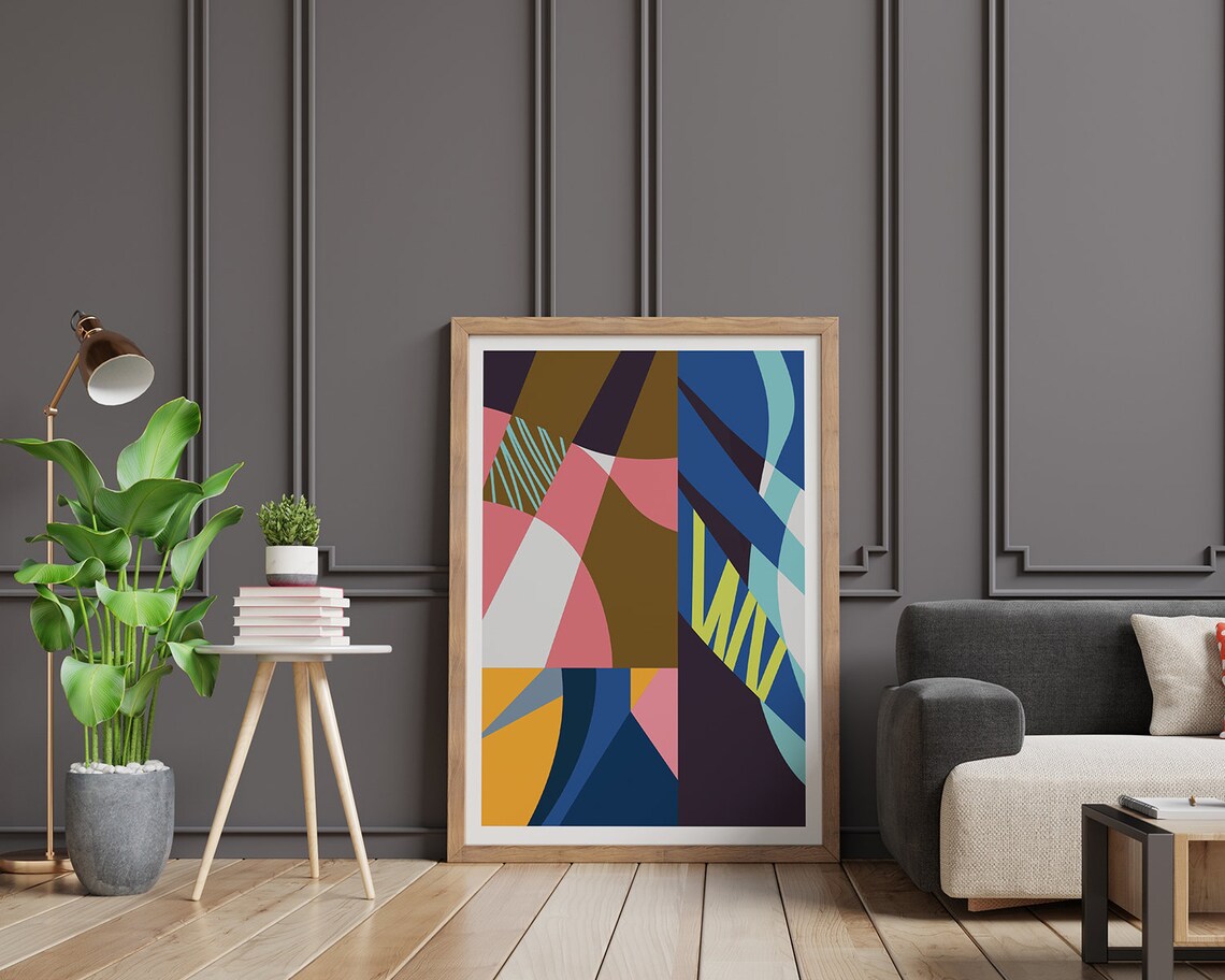 Pink Yellow Blue And Bronze Geometric Shapes Abstract Art Poster - Image 2