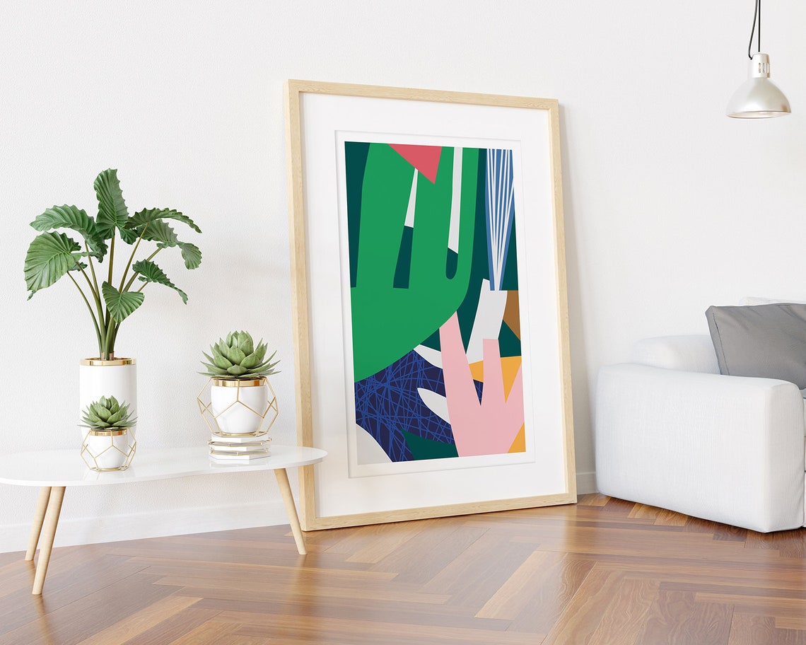 Green Pink Blue Abstract Floral Leaves Collage Hand Drawn Print - Image 3