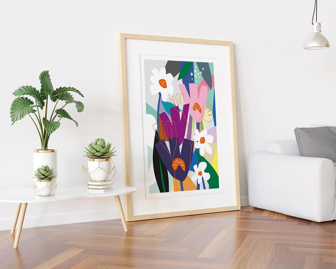 Abstract Floral Collage with White Daisies and Orange Centers Poster - Image 3