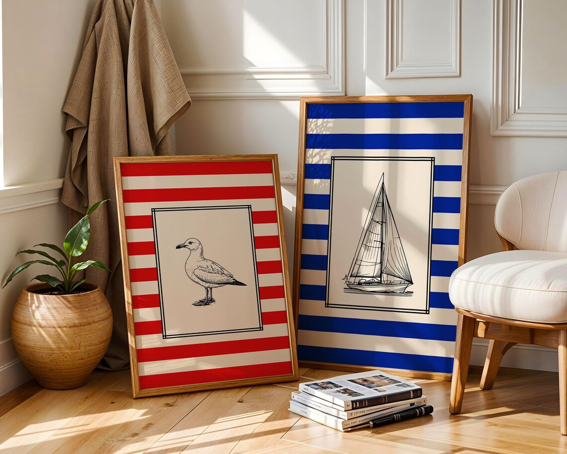 Nautical Wall Art Set of 2, Coastal Sailboat Print