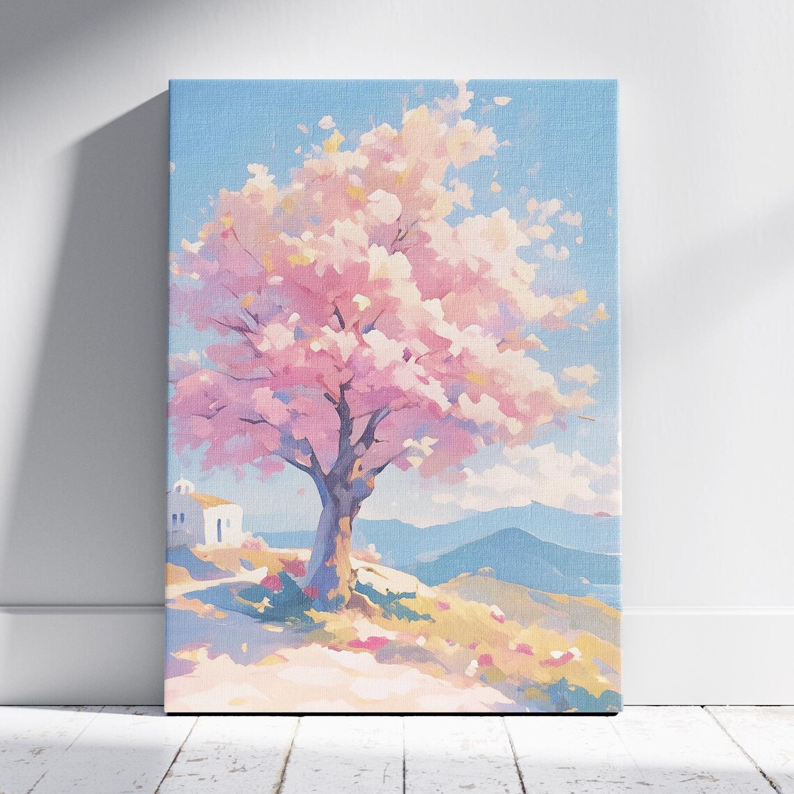Cherry Blossom Tree Full Bloom Hill Overlooking Sea Mountains Spring Poster