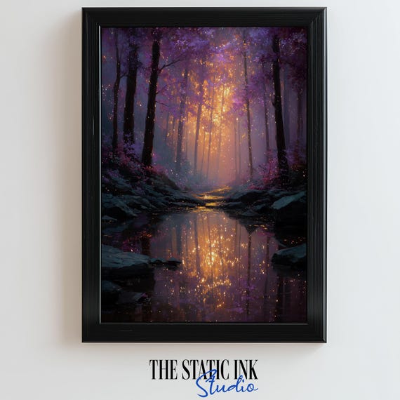 Magical Violet Forest Art Print Glowing Light Reflections In Enchanted Stream Fantasy Landscape Wall Decor Instant File