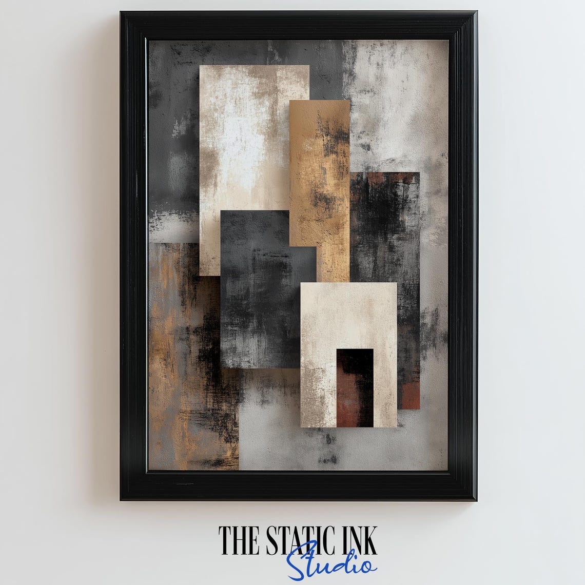 Neutral Geometric Abstract Blocks in Beige and Charcoal Poster